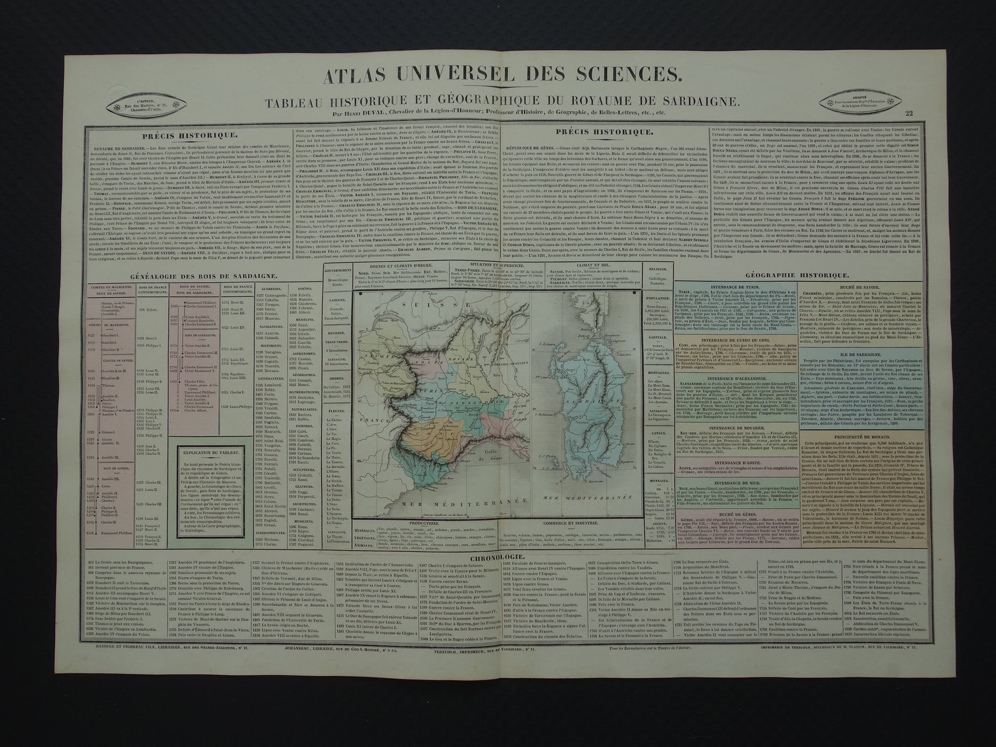 Koninkrijk Sardinië Oude kaart Italië 1837 grote antieke gravure over geschiedenis van Koninkrijk Sardinië met vintage landkaart