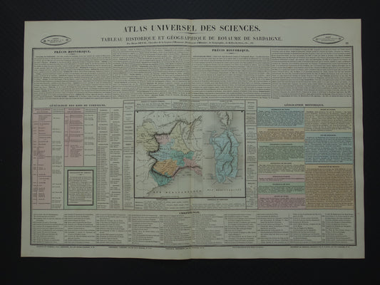 Koninkrijk Sardinië Oude kaart Italië 1837 grote antieke gravure over geschiedenis van Koninkrijk Sardinië met vintage landkaart
