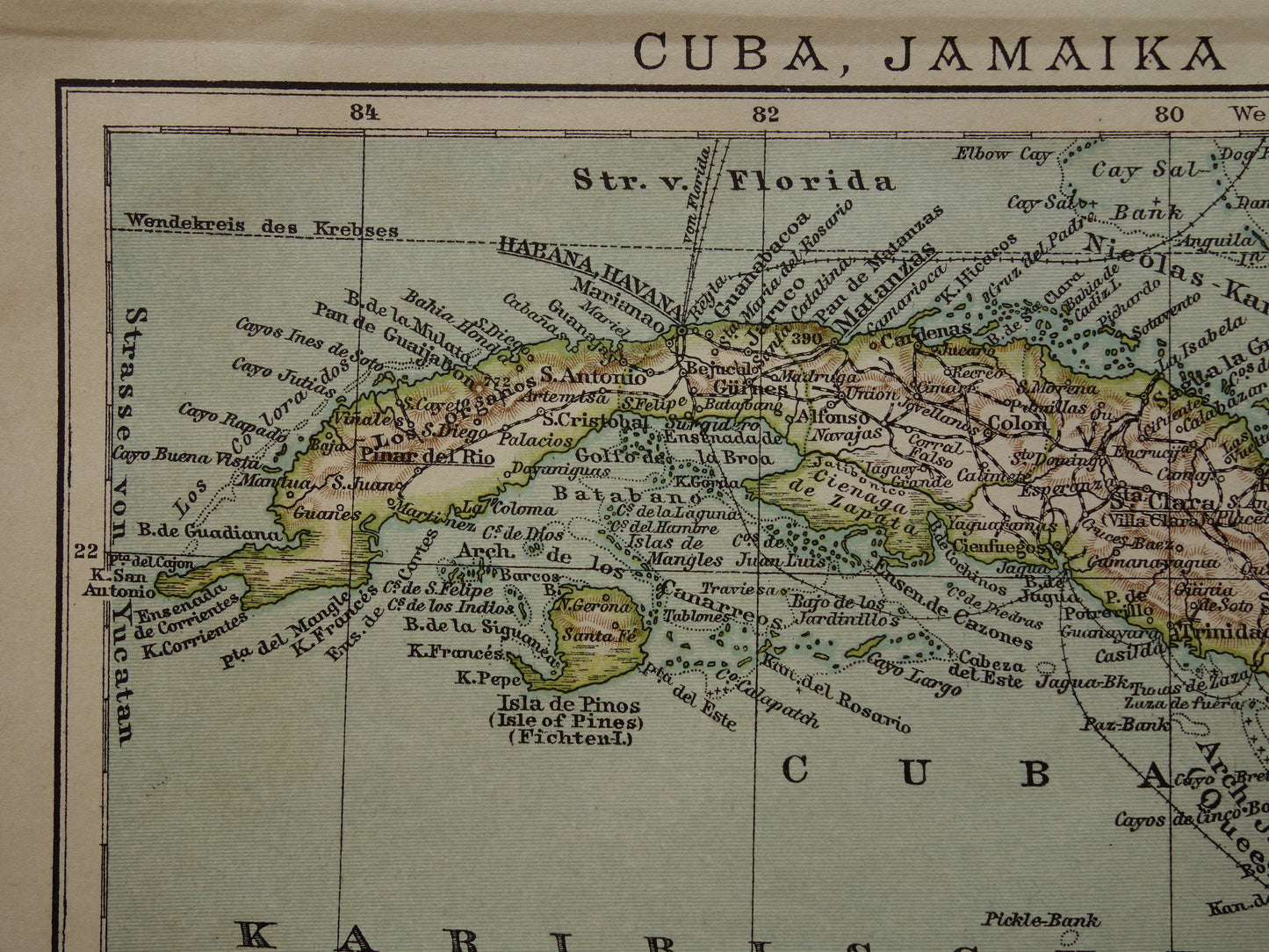 CUBA Antieke landkaart van Cuba en Jamaica Klein formaat met jaartal