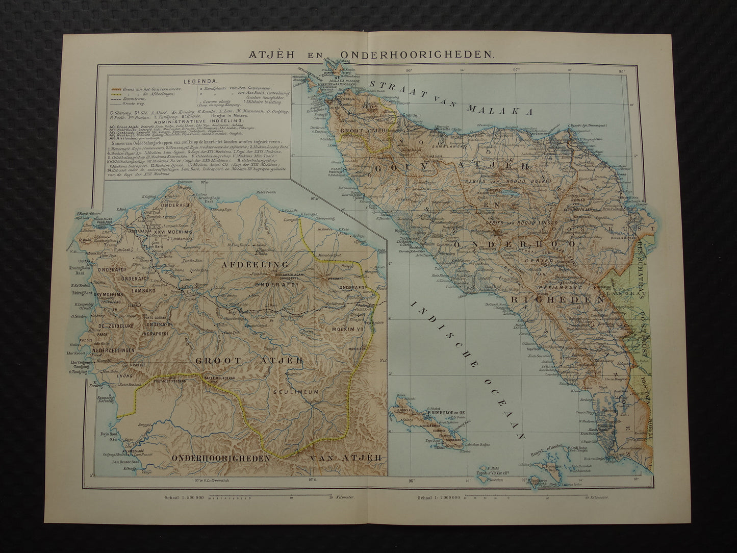 Oude kaart van Atjeh Sumatra Indonesië 1915 originele antieke landkaart Aceh vintage kaarten