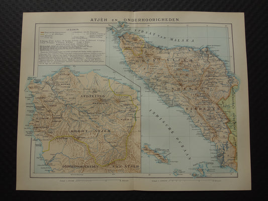 Oude kaart van Atjeh Sumatra Indonesië 1915 originele antieke landkaart Aceh vintage kaarten