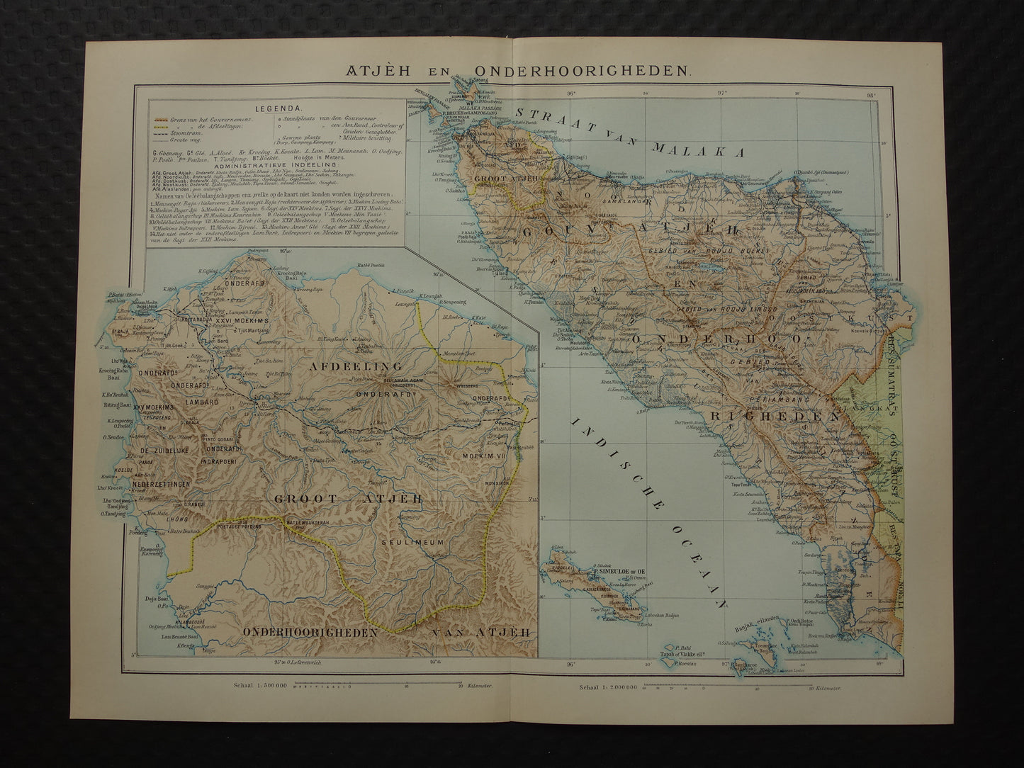 Oude kaart van Atjeh Sumatra Indonesië 1915 originele antieke landkaart Aceh vintage kaarten