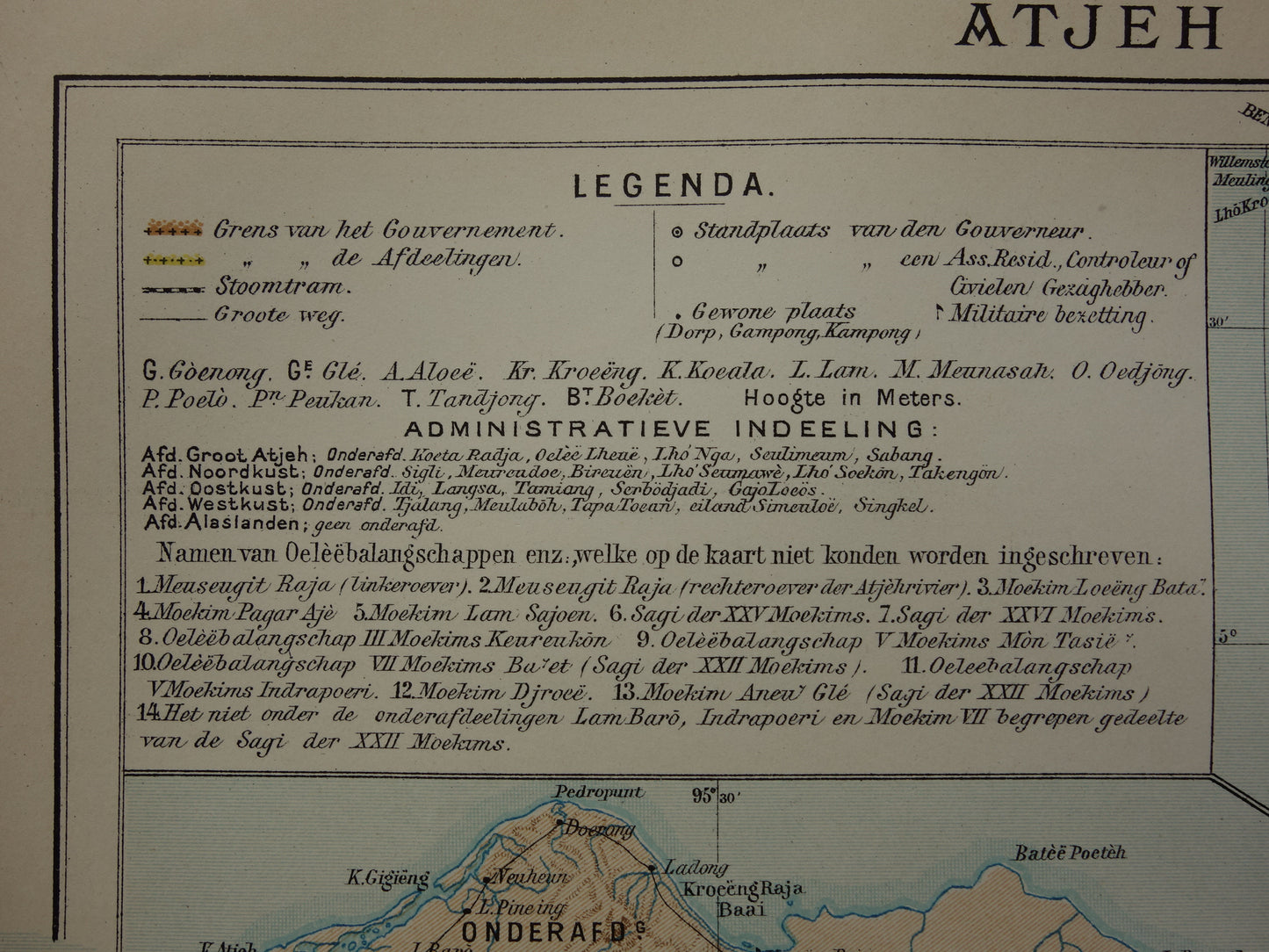 Oude kaart van Atjeh Sumatra Indonesië 1915 originele antieke landkaart Aceh vintage kaarten
