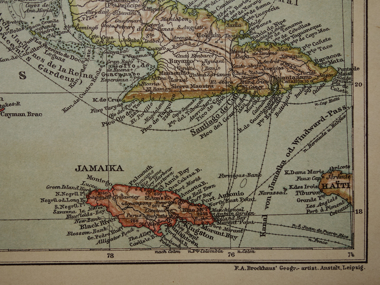 CUBA Antieke landkaart van Cuba en Jamaica Klein formaat met jaartal