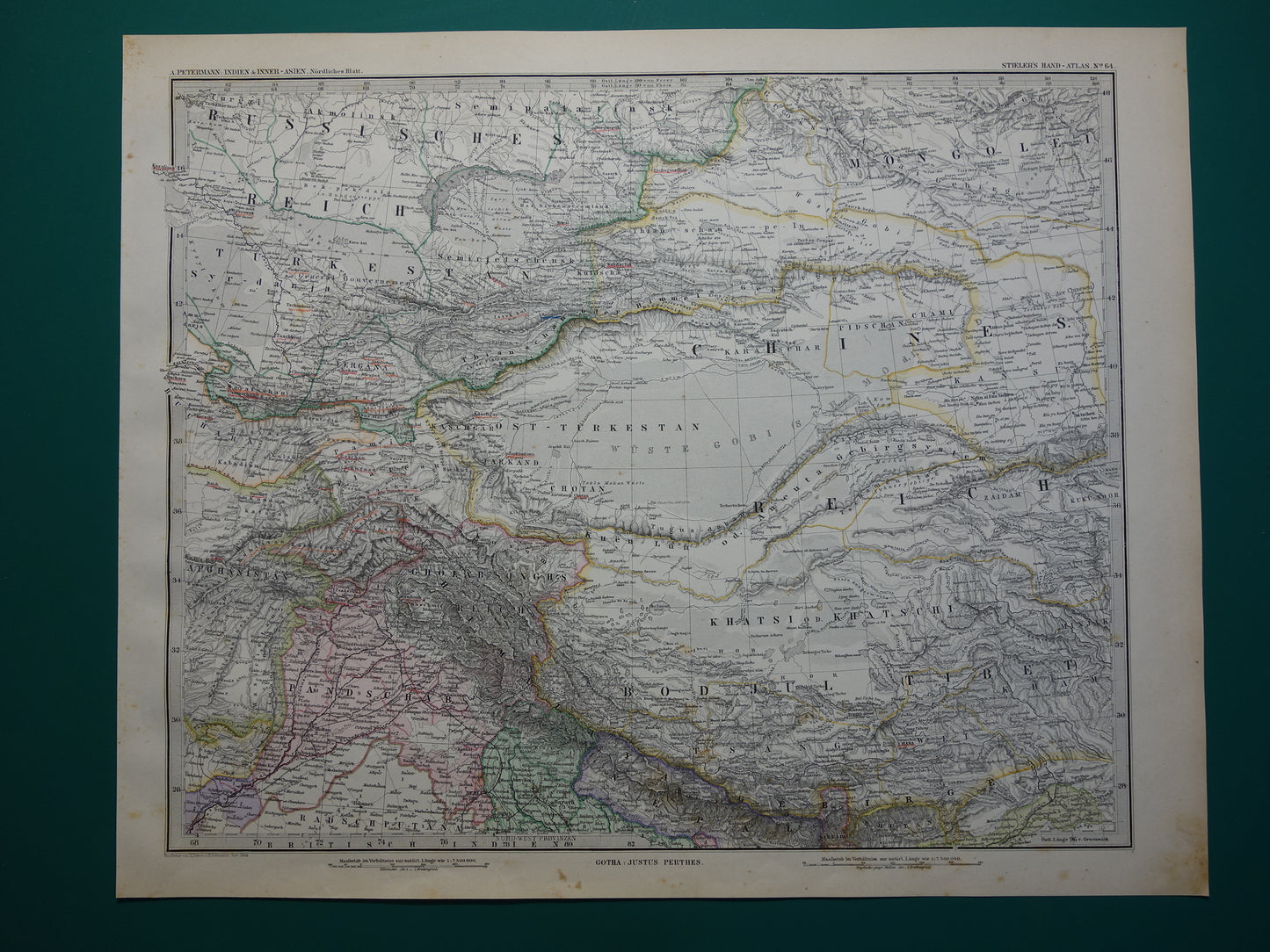 Centraal-Azië oude landkaart uit 1884 originele antieke Duitse kaart van Tibet Kashmir Himalaya gebergte 37x46 cm groot