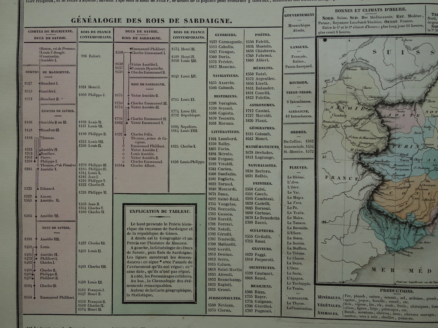 Koninkrijk Sardinië Oude kaart Italië 1837 grote antieke gravure over geschiedenis van Koninkrijk Sardinië met vintage landkaart