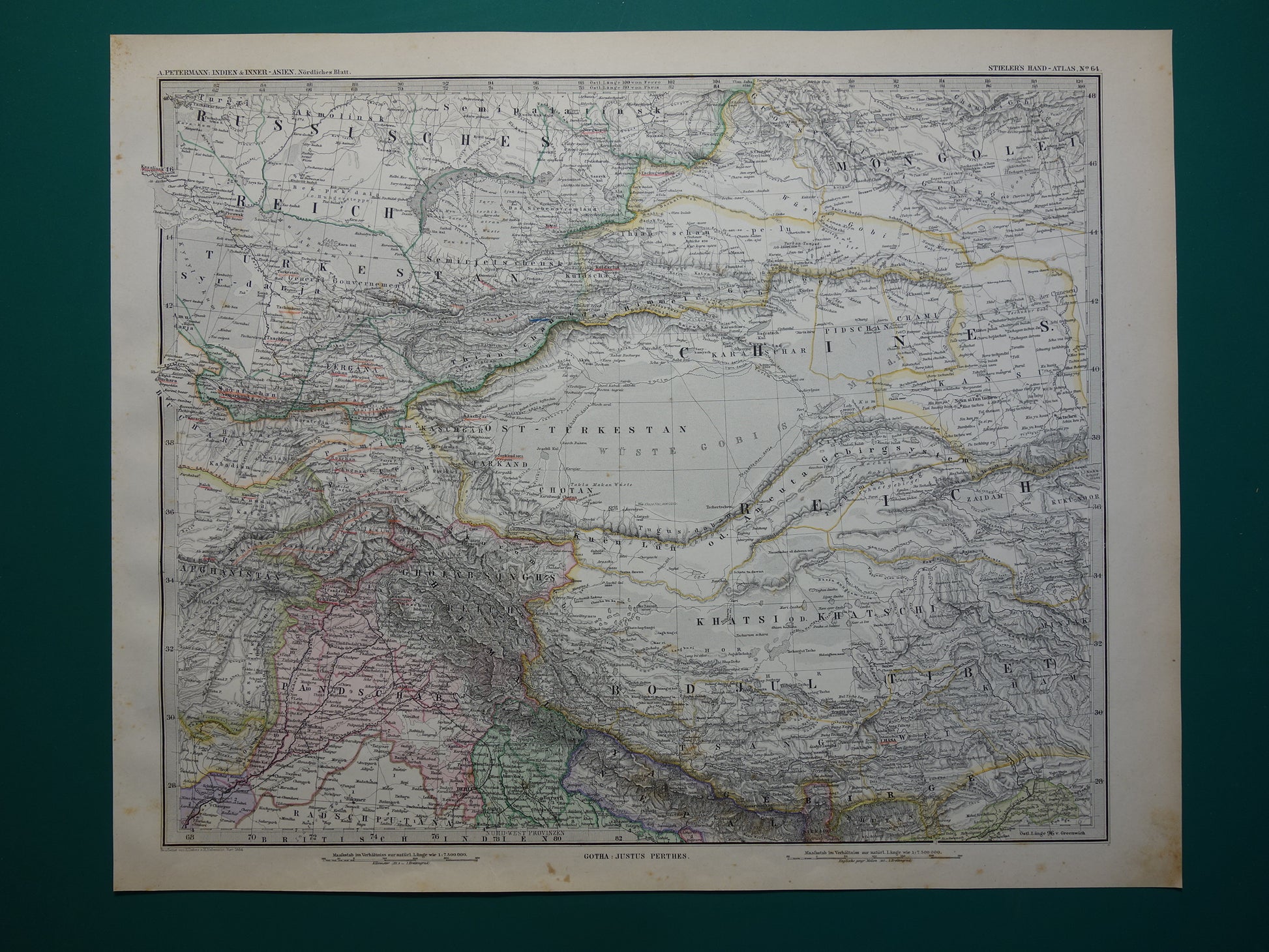 Centraal-Azië oude landkaart uit 1884 originele antieke Duitse kaart van Tibet Kashmir Himalaya gebergte 37x46 cm groot