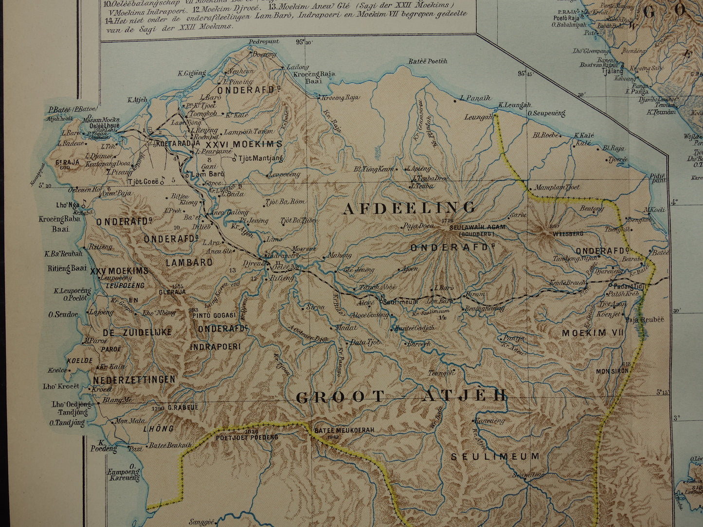 Oude kaart van Atjeh Sumatra Indonesië 1915 originele antieke landkaart Aceh vintage kaarten