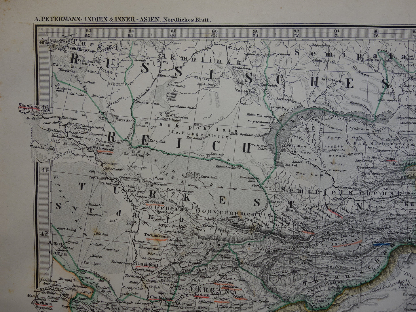 Centraal-Azië oude landkaart uit 1884 originele antieke Duitse kaart van Tibet Kashmir Himalaya gebergte 37x46 cm groot