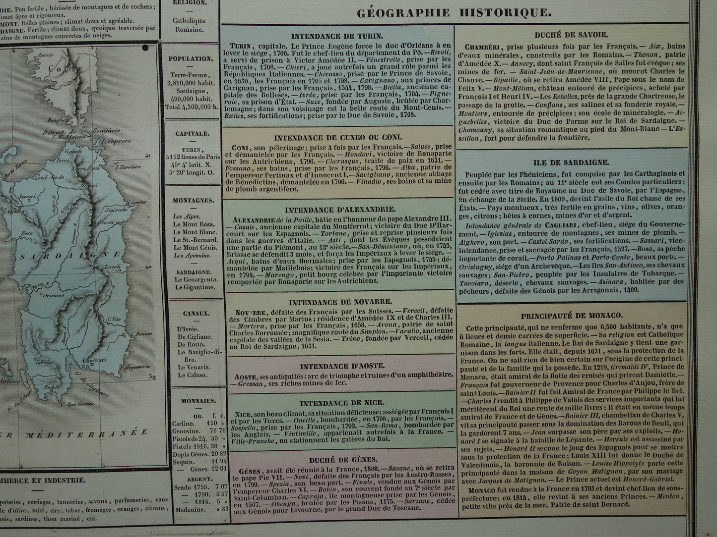 Koninkrijk Sardinië Oude kaart Italië 1837 grote antieke gravure over geschiedenis van Koninkrijk Sardinië met vintage landkaart