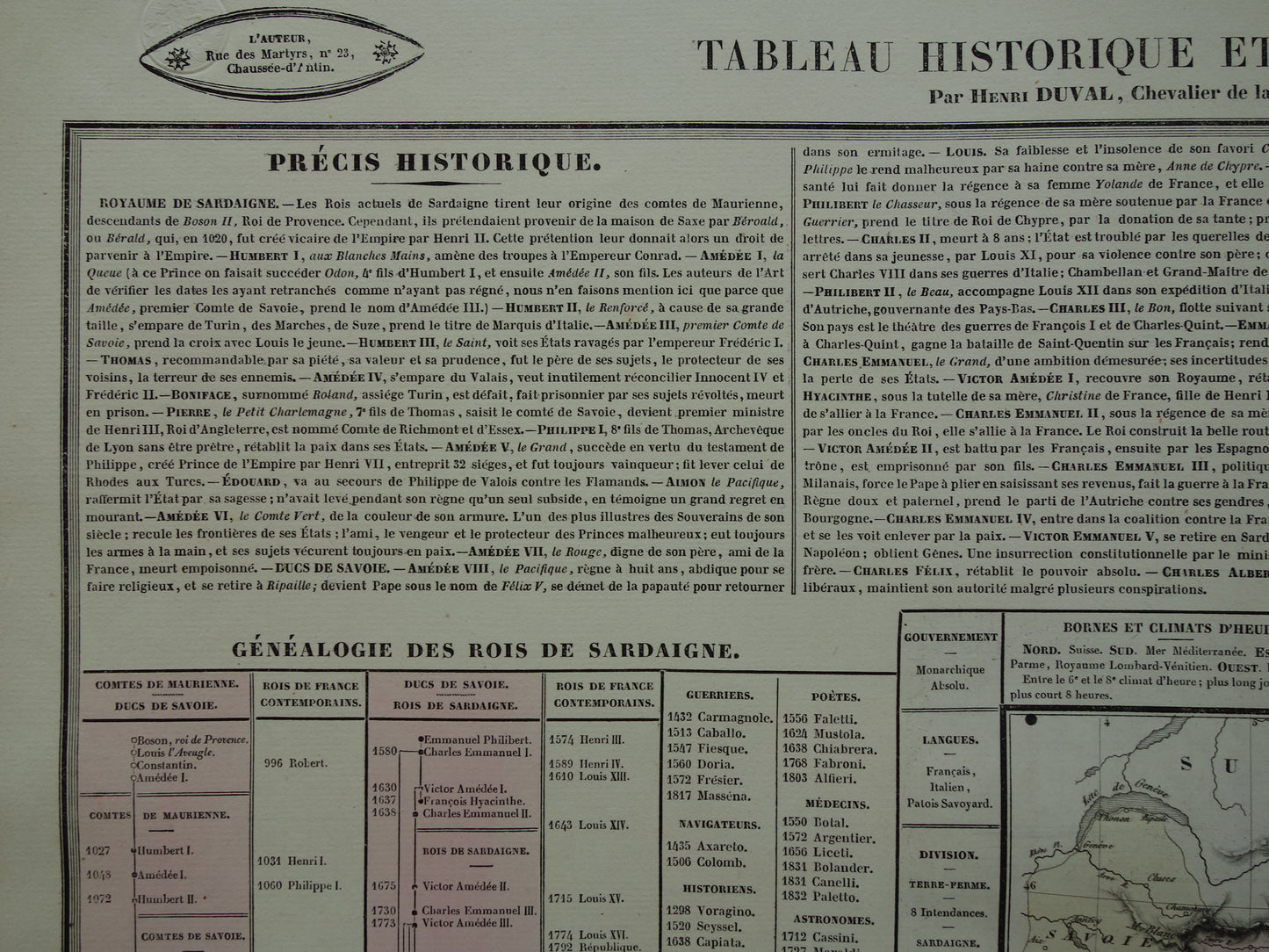 Koninkrijk Sardinië Oude kaart Italië 1837 grote antieke gravure over geschiedenis van Koninkrijk Sardinië met vintage landkaart