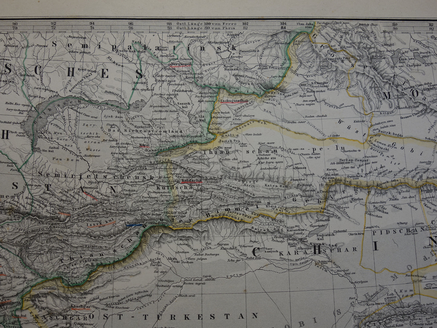 Centraal-Azië oude landkaart uit 1884 originele antieke Duitse kaart van Tibet Kashmir Himalaya gebergte 37x46 cm groot