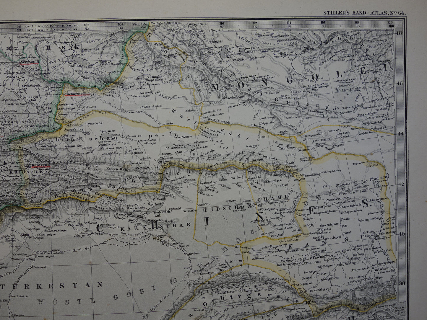 Centraal-Azië oude landkaart uit 1884 originele antieke Duitse kaart van Tibet Kashmir Himalaya gebergte 37x46 cm groot