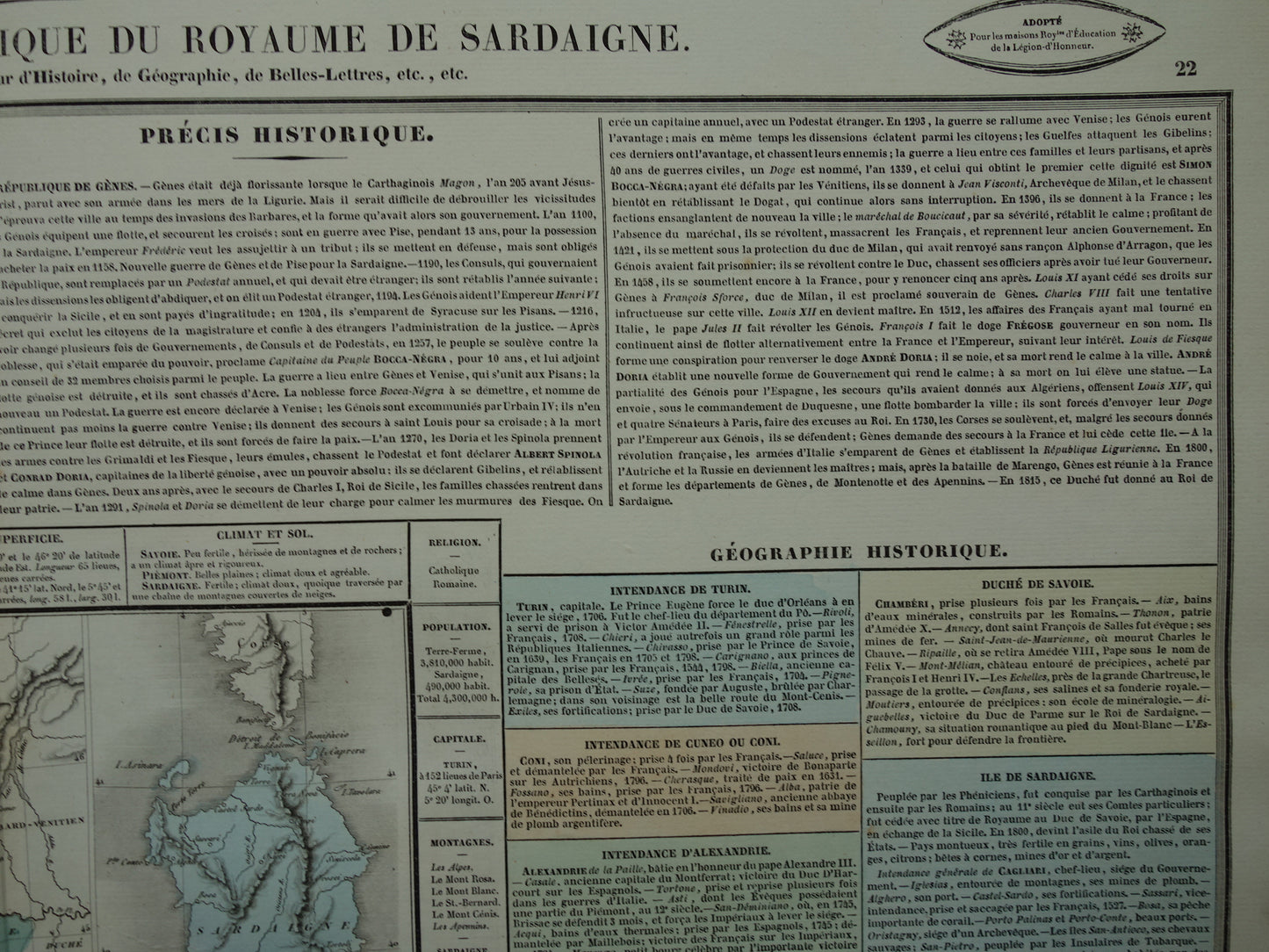 Koninkrijk Sardinië Oude kaart Italië 1837 grote antieke gravure over geschiedenis van Koninkrijk Sardinië met vintage landkaart
