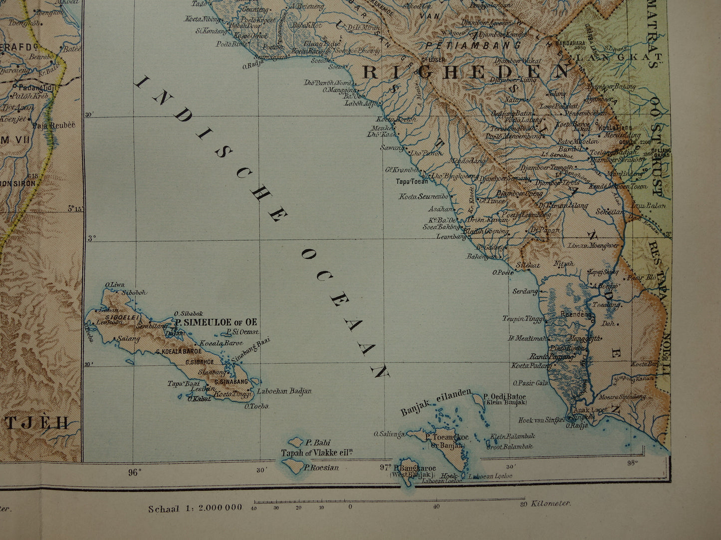 Oude kaart van Atjeh Sumatra Indonesië 1915 originele antieke landkaart Aceh vintage kaarten