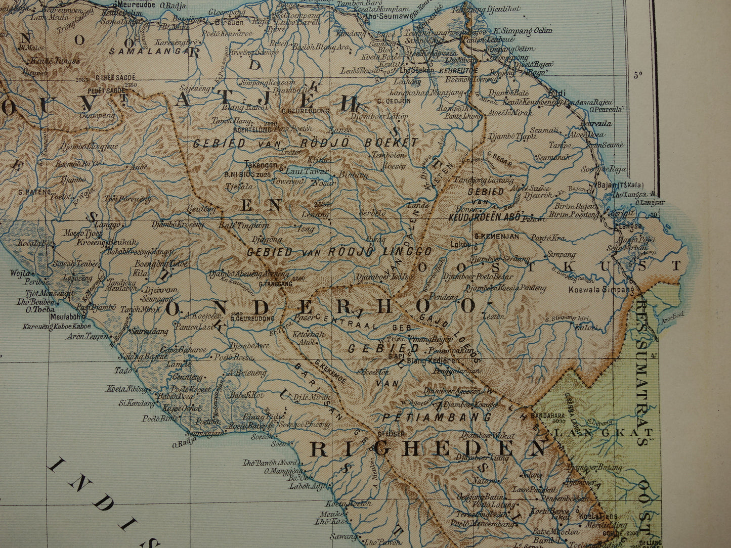 Oude kaart van Atjeh Sumatra Indonesië 1915 originele antieke landkaart Aceh vintage kaarten