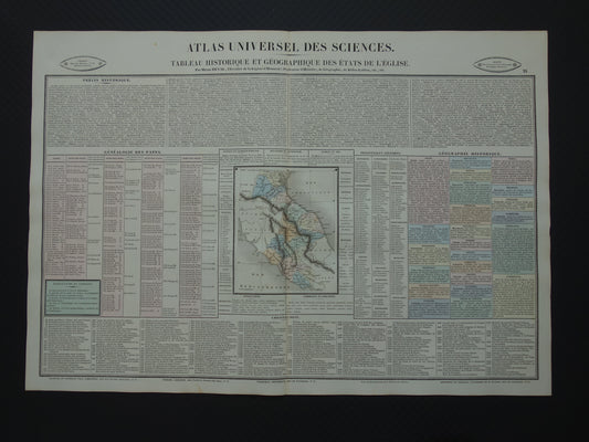 KERKELIJKE STAAT Oude kaart Italië 1837 grote antieke gravure over geschiedenis van Italië Pauselijke Staat met vintage landkaart