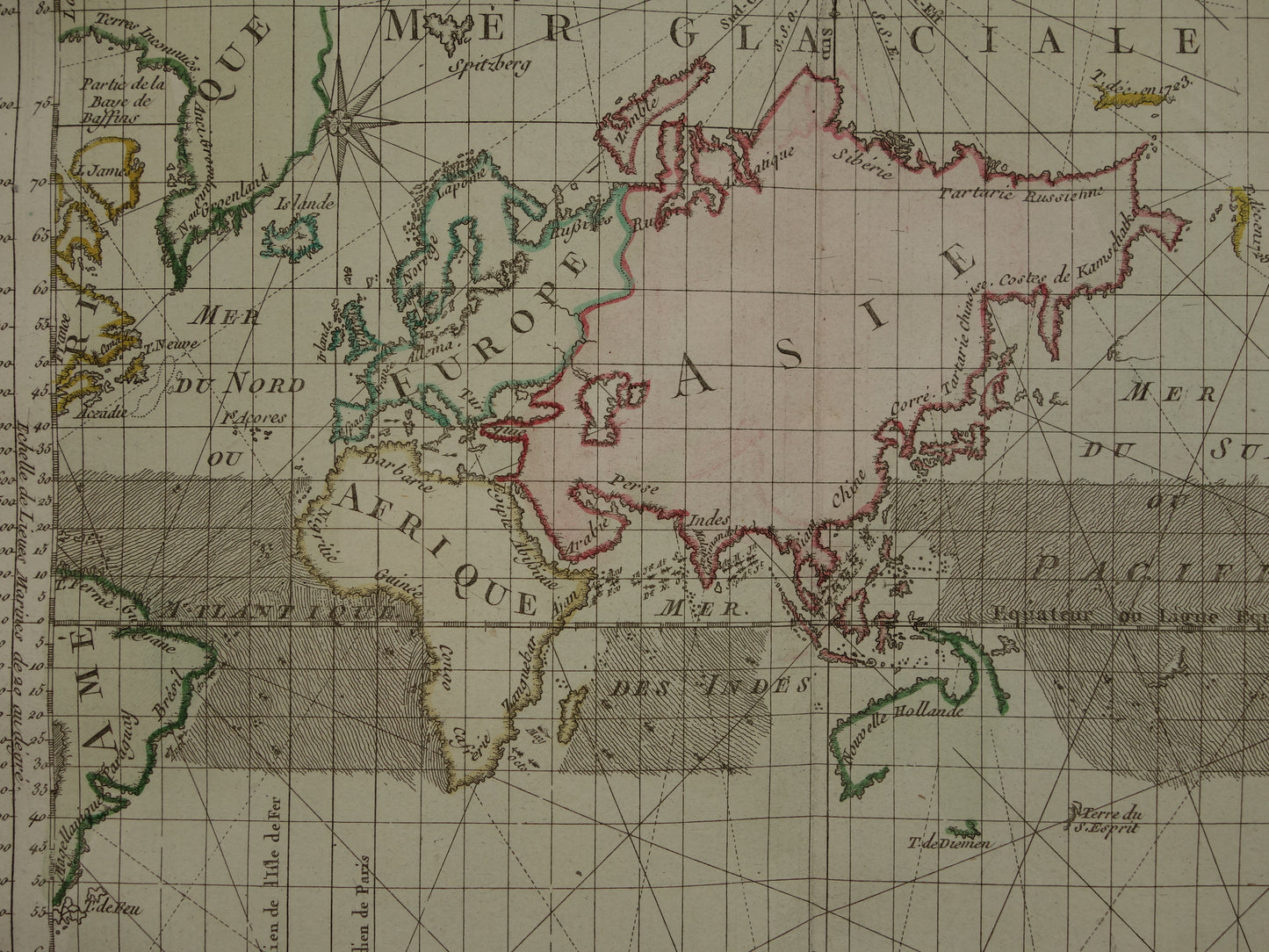Oude wereldkaart 1761 Grote originele historische landkaart van de wereld Windrichtingen Windroos