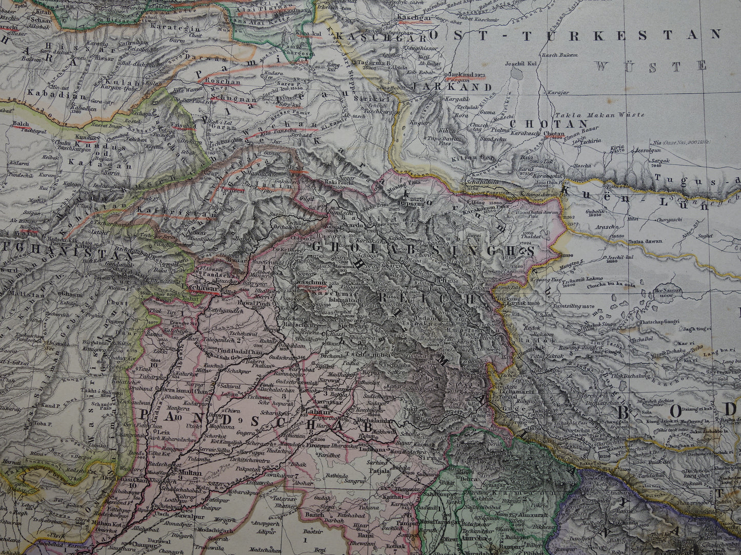 Centraal-Azië oude landkaart uit 1884 originele antieke Duitse kaart van Tibet Kashmir Himalaya gebergte 37x46 cm groot