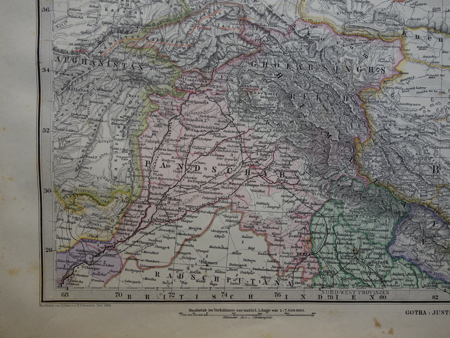 Centraal-Azië oude landkaart uit 1884 originele antieke Duitse kaart van Tibet Kashmir Himalaya gebergte 37x46 cm groot