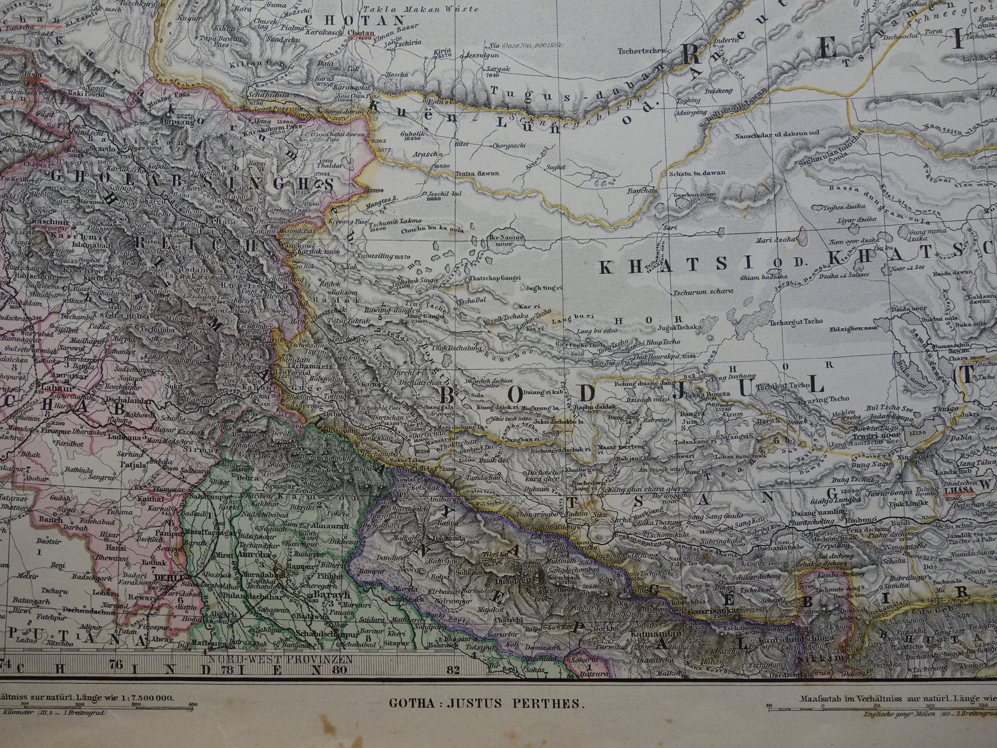 Centraal-Azië oude landkaart uit 1884 originele antieke Duitse kaart van Tibet Kashmir Himalaya gebergte 37x46 cm groot