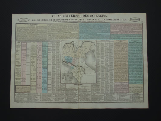 TOSCANE Oude kaart Italië 1837 grote antieke gravure over geschiedenis van Italië Lombardije met vintage landkaart