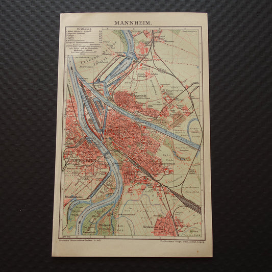 Mannheim antieke plattegrond oude kaart van Mannheim Duitsland uit 1911 - originele vintage historische kaarten