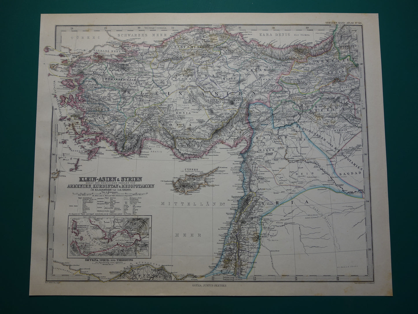 TURKIJE oude landkaart uit 1884 originele antieke Duitse kaart van Palestina Syrië 36x45cm