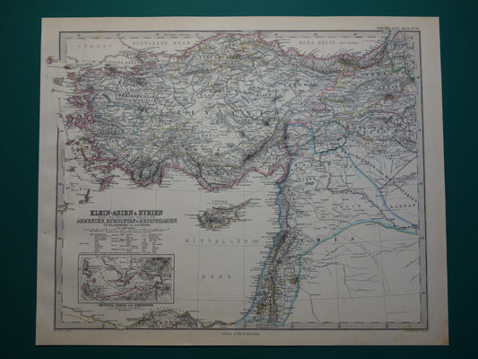 TURKIJE oude landkaart uit 1884 originele antieke Duitse kaart van Palestina Syrië 36x45cm