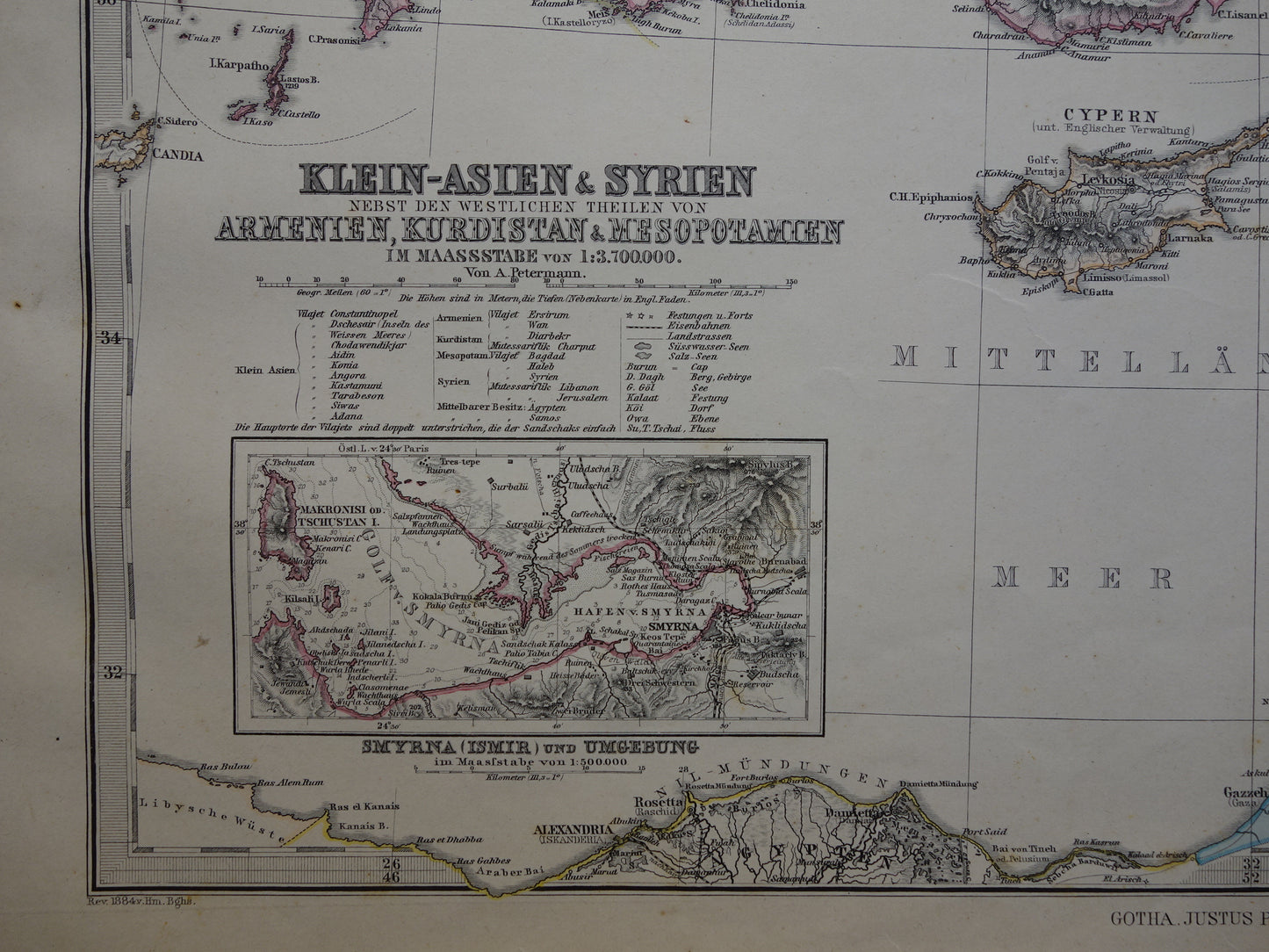 TURKIJE oude landkaart uit 1884 originele antieke Duitse kaart van Palestina Syrië 36x45cm