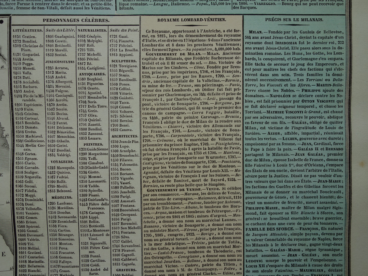 TOSCANE Oude kaart Italië 1837 grote antieke gravure over geschiedenis van Italië Lombardije met vintage landkaart