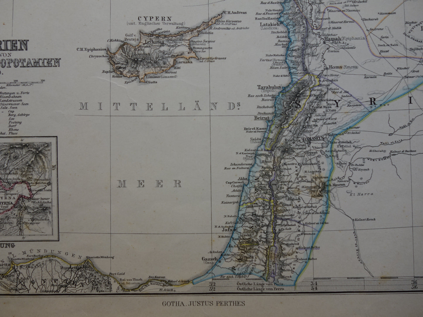 TURKIJE oude landkaart uit 1884 originele antieke Duitse kaart van Palestina Syrië 36x45cm