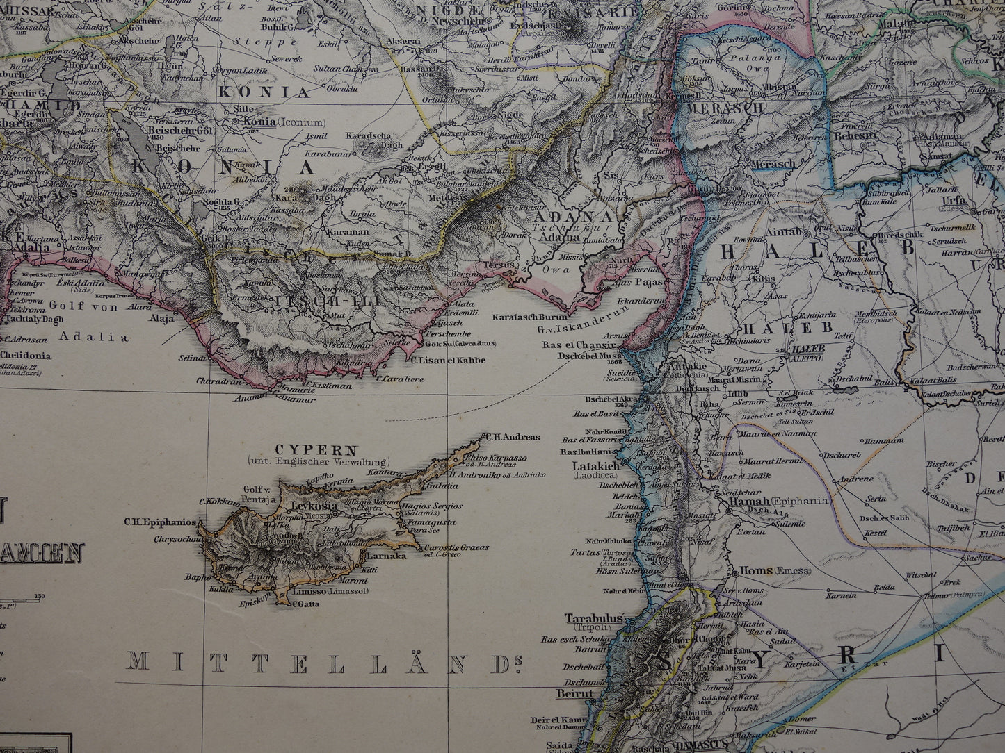 TURKIJE oude landkaart uit 1884 originele antieke Duitse kaart van Palestina Syrië 36x45cm