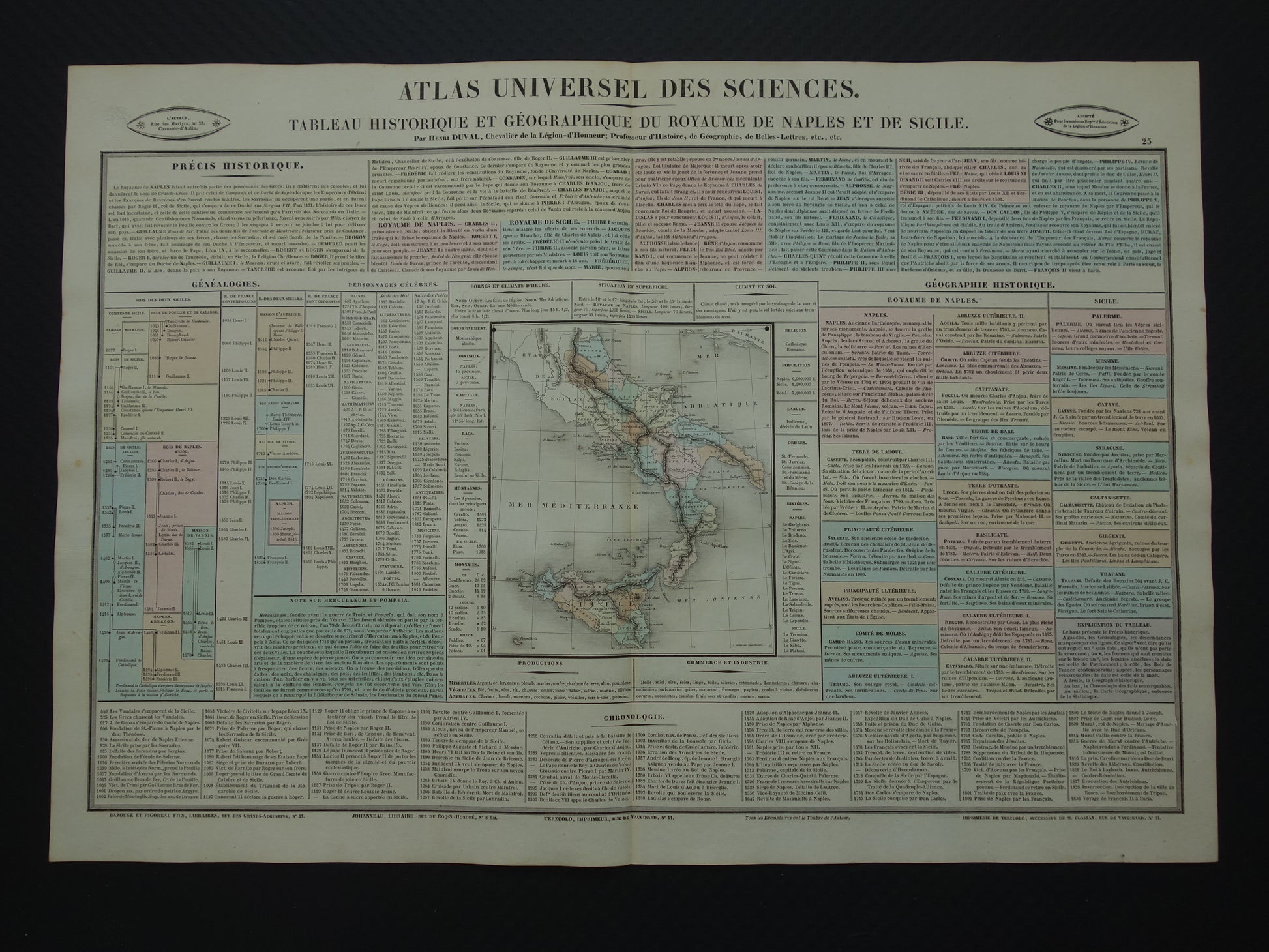 Oude kaart Zuid-Italië Sicilië 1837 grote antieke gravure over geschiedenis van Koninkrijk Napels der Beide Siciliën met vintage landkaart
