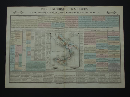 Oude kaart Zuid-Italië Sicilië 1837 grote antieke gravure over geschiedenis van Koninkrijk Napels der Beide Siciliën met vintage landkaart
