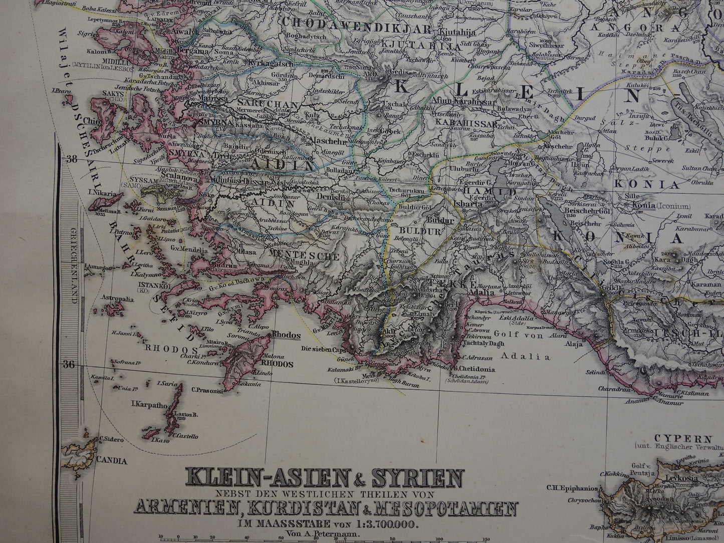 TURKIJE oude landkaart uit 1884 originele antieke Duitse kaart van Palestina Syrië 36x45cm