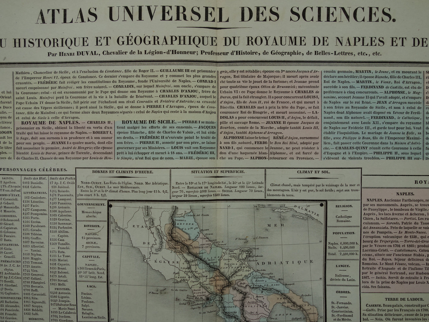 Oude kaart Zuid-Italië Sicilië 1837 grote antieke gravure over geschiedenis van Koninkrijk Napels der Beide Siciliën met vintage landkaart