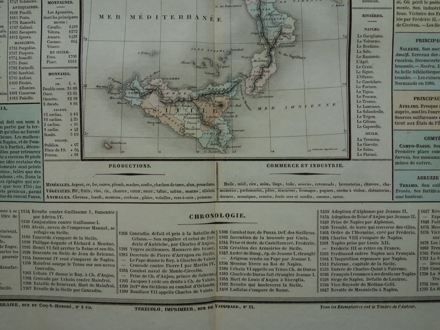Oude kaart Zuid-Italië Sicilië 1837 grote antieke gravure over geschiedenis van Koninkrijk Napels der Beide Siciliën met vintage landkaart