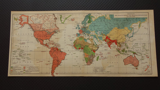 Oude wereldkaart van Staatsvormen en Koloniale bezittingen 1911 originele antieke gedateerde kaart