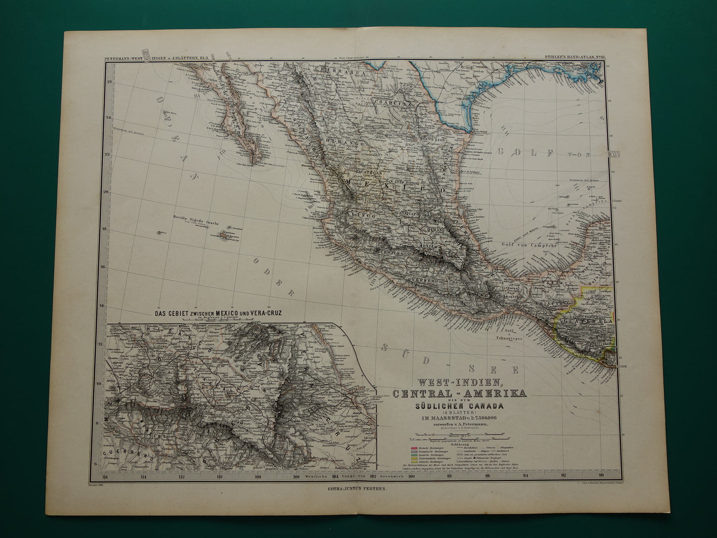 Oude kaart van de VS 1886 originele antieke landkaart van USA Mexico Caraïben vintage historische kaarten 76x94 cm grote poster