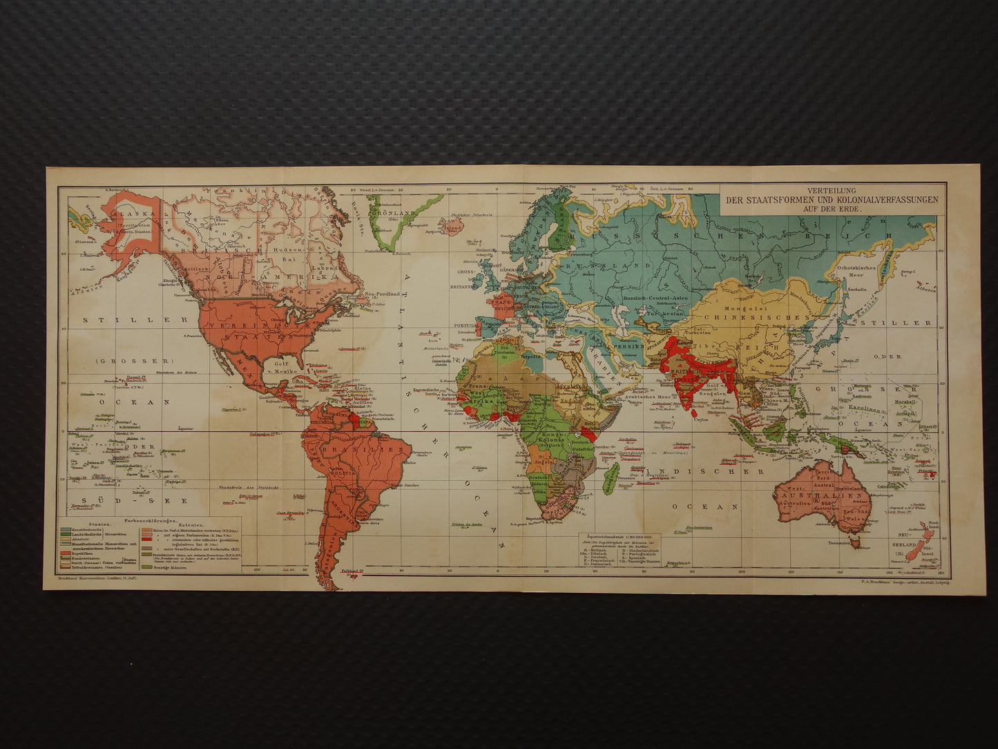 Oude wereldkaart van Staatsvormen en Koloniale bezittingen 1911 originele antieke gedateerde kaart