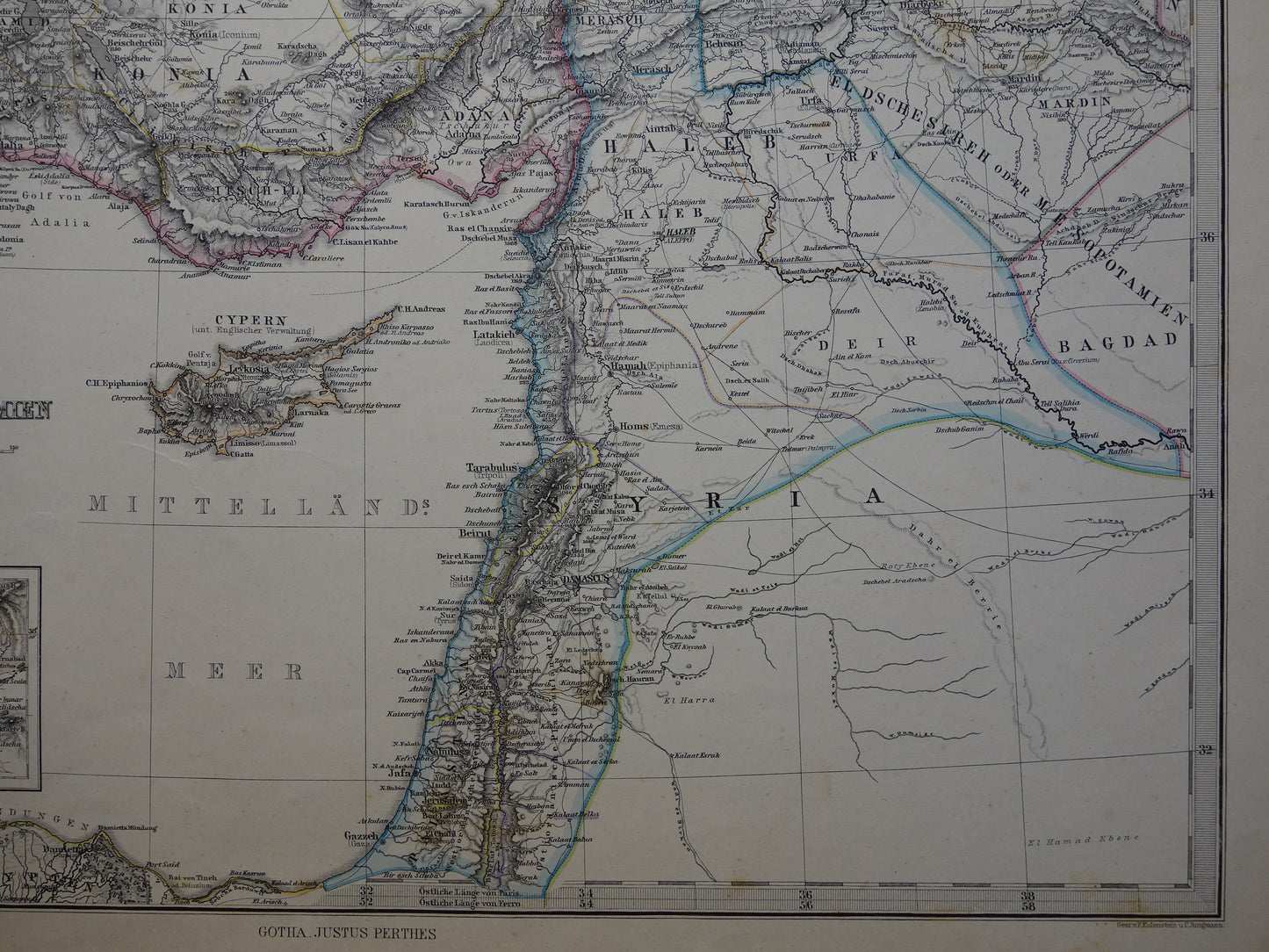 TURKIJE oude landkaart uit 1884 originele antieke Duitse kaart van Palestina Syrië 36x45cm