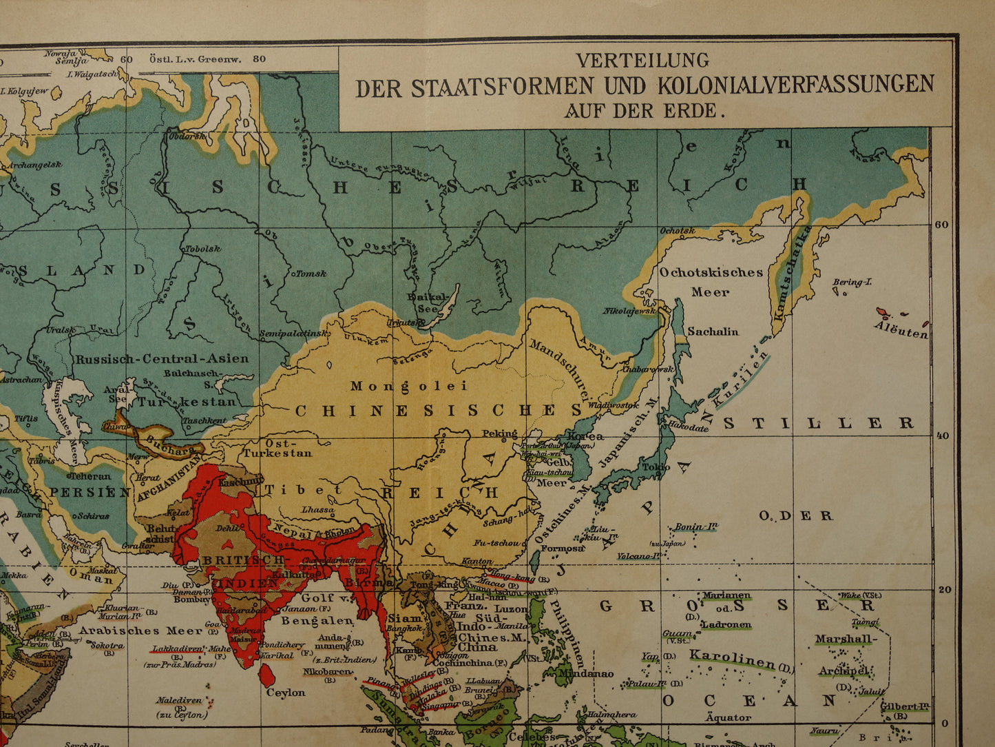 Oude wereldkaart van Staatsvormen en Koloniale bezittingen 1911 originele antieke gedateerde kaart