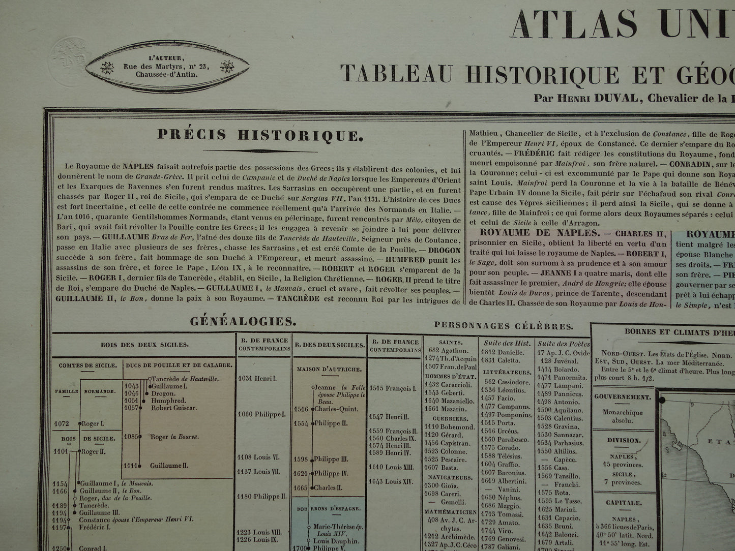 Oude kaart Zuid-Italië Sicilië 1837 grote antieke gravure over geschiedenis van Koninkrijk Napels der Beide Siciliën met vintage landkaart