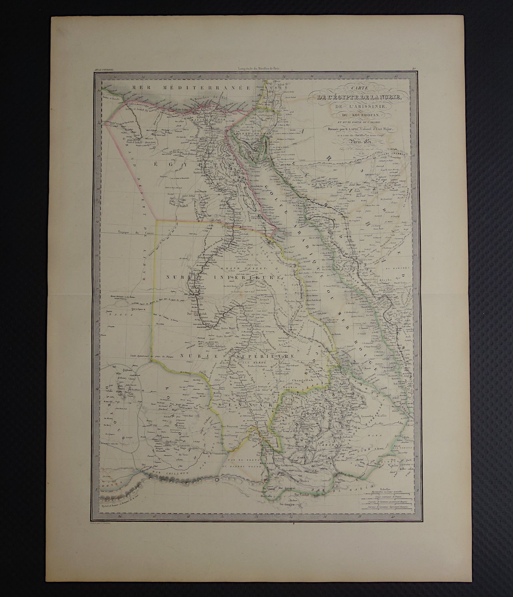 EGYPTE grote oude kaart van Rode Zee regio uit 1851 antieke landkaart Sudan, Djibouti, Ethiopië en Saoedi-Arabië met jaartal vintage landkaarten Afrika
