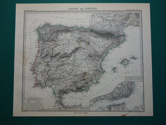 SPANJE oude landkaart uit 1884 originele antieke Duitse kaart van Spanje en Portugal 35x43 cm