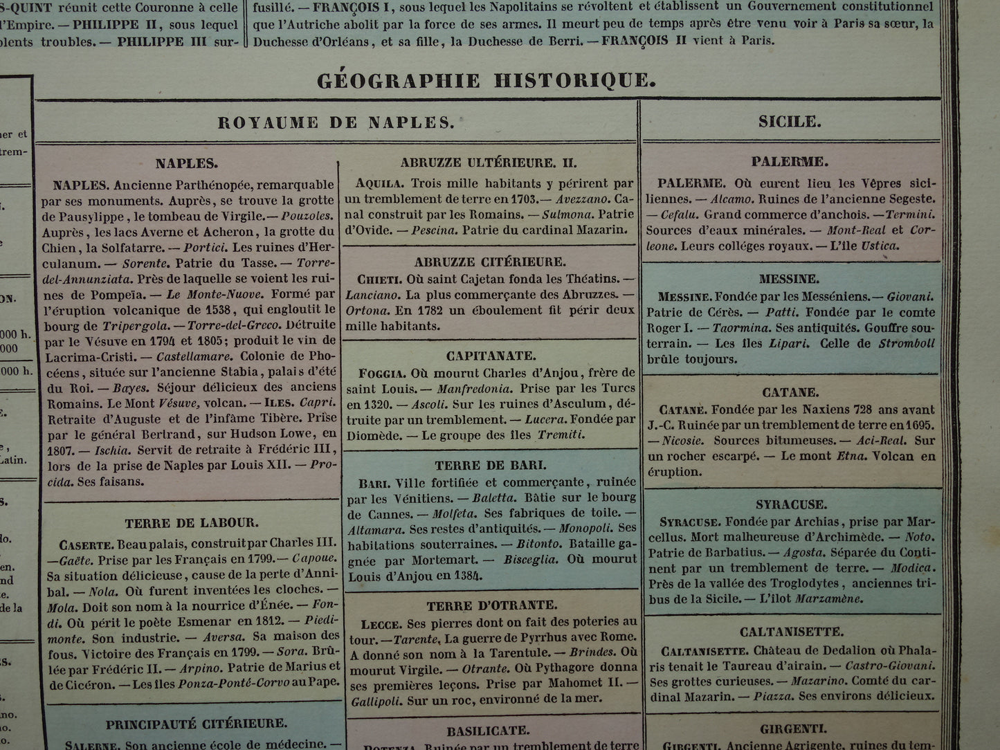 Oude kaart Zuid-Italië Sicilië 1837 grote antieke gravure over geschiedenis van Koninkrijk Napels der Beide Siciliën met vintage landkaart