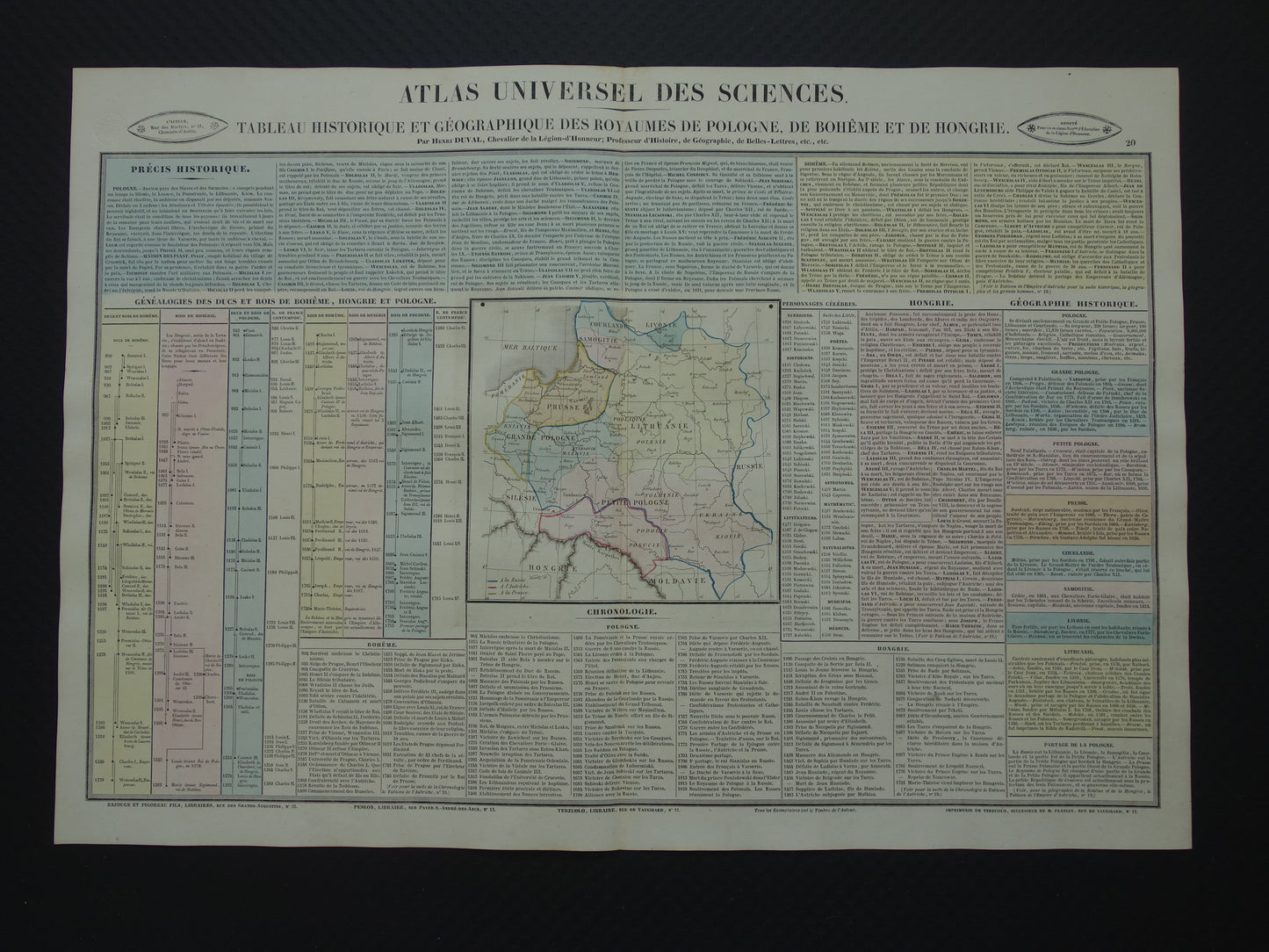 Oude kaart Polen 1837 grote antieke gravure over geschiedenis van Polen Bohemen en Hongarije met vintage landkaart