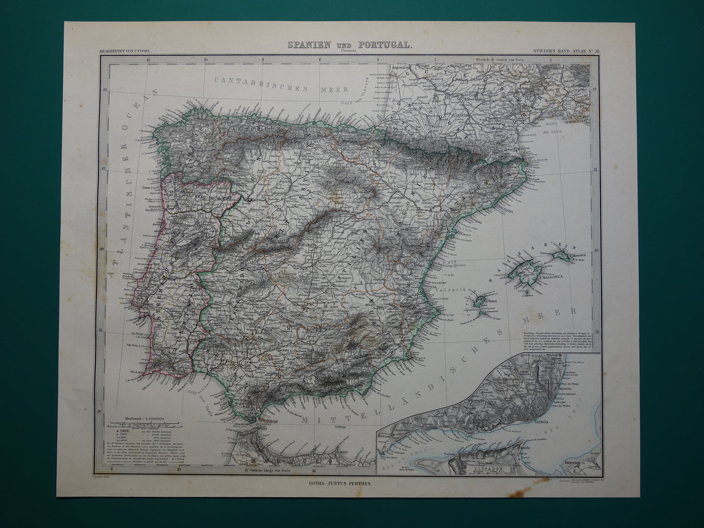 SPANJE oude landkaart uit 1884 originele antieke Duitse kaart van Spanje en Portugal 35x43 cm