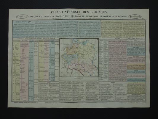 Oude kaart Polen 1837 grote antieke gravure over geschiedenis van Polen Bohemen en Hongarije met vintage landkaart